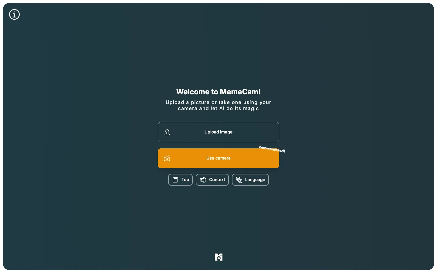 Screenshot of the MemeCam homepage