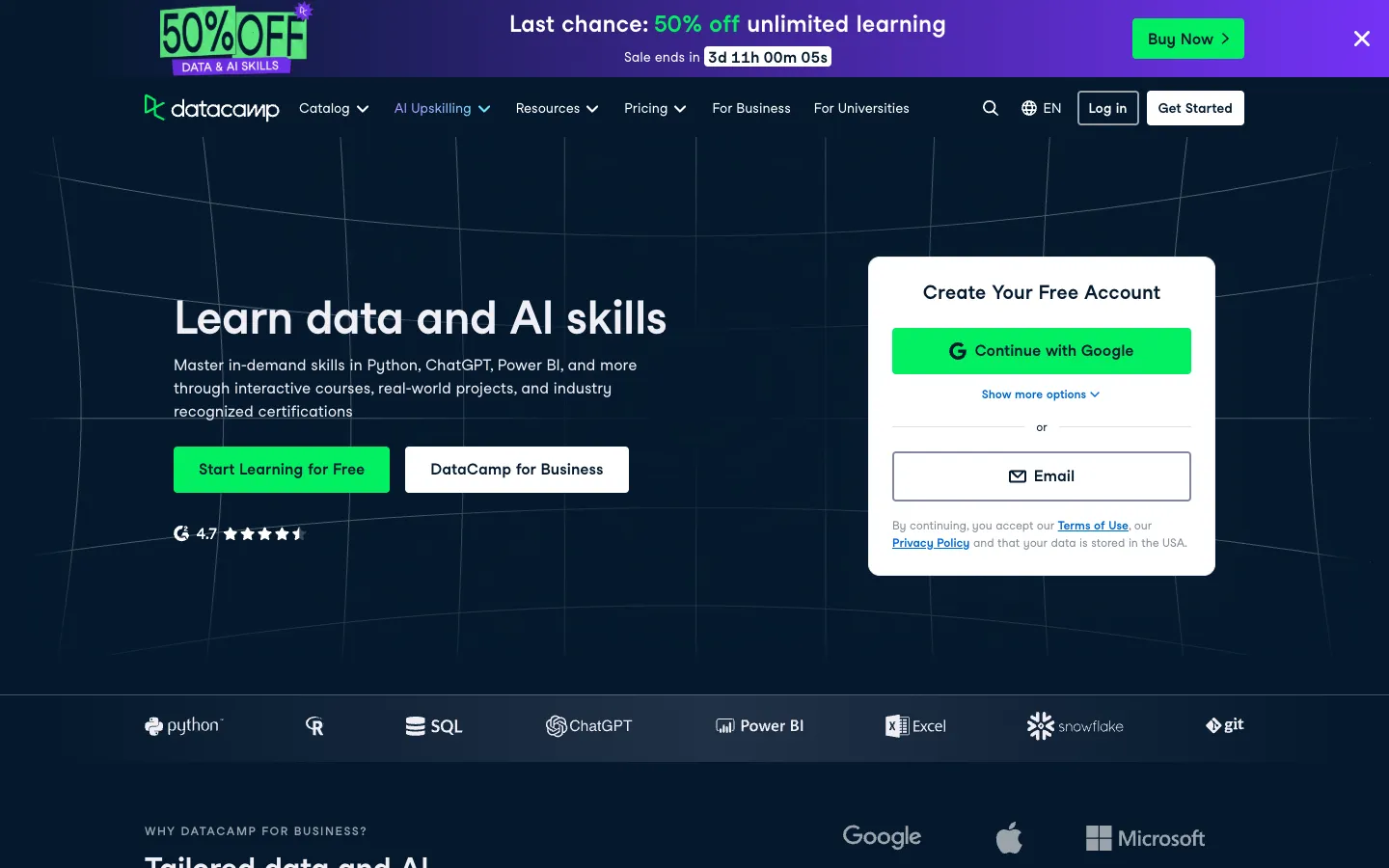 Screenshot of the DataCamp homepage
