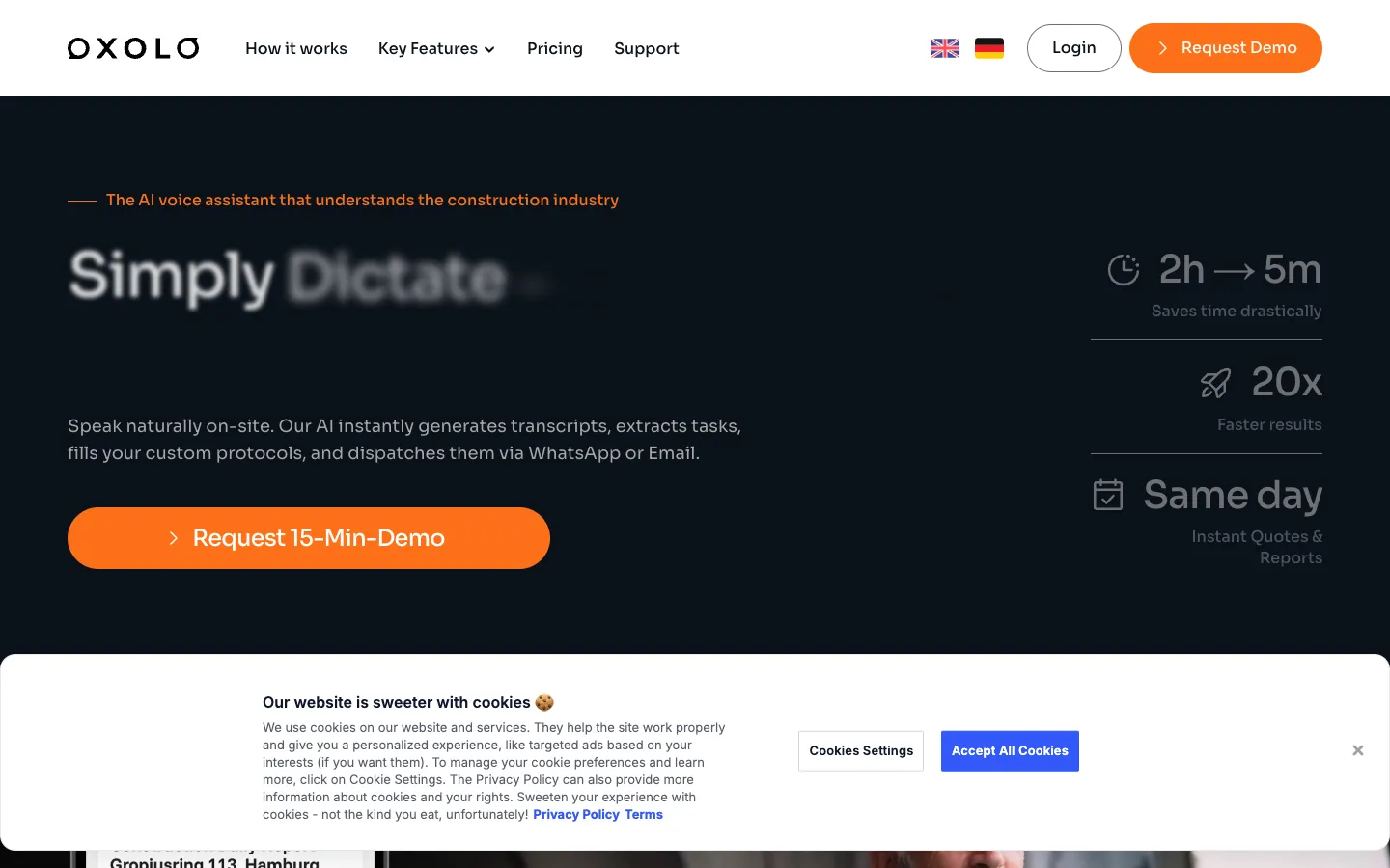 Screenshot of the Oxolo homepage