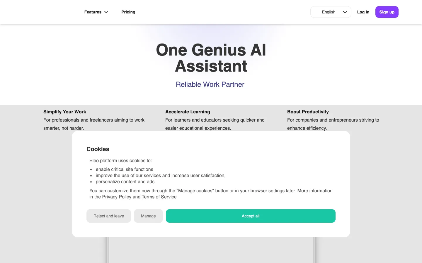 Screenshot of the Eleo.ai homepage