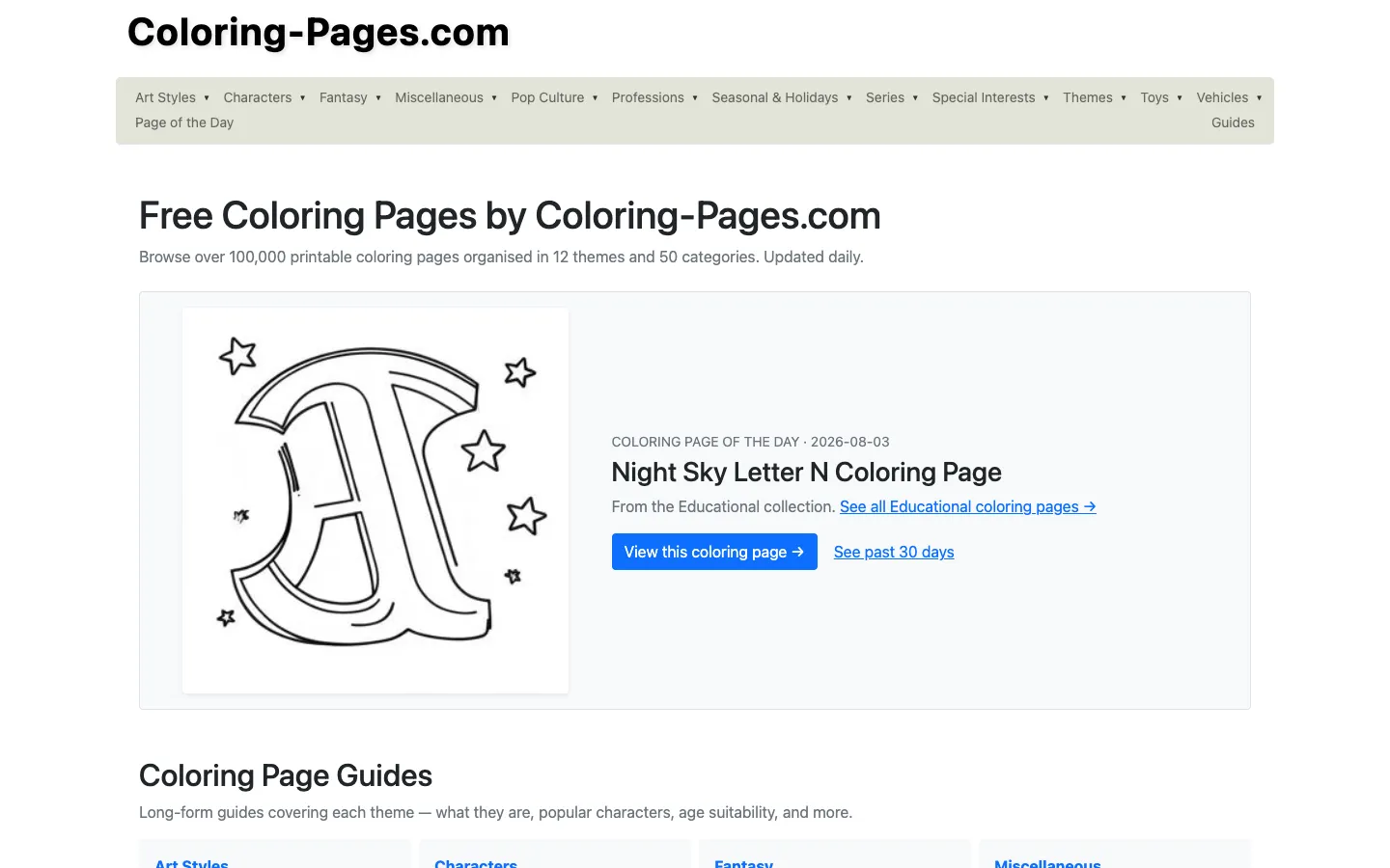 Screenshot of the Coloring Pages Every Day homepage