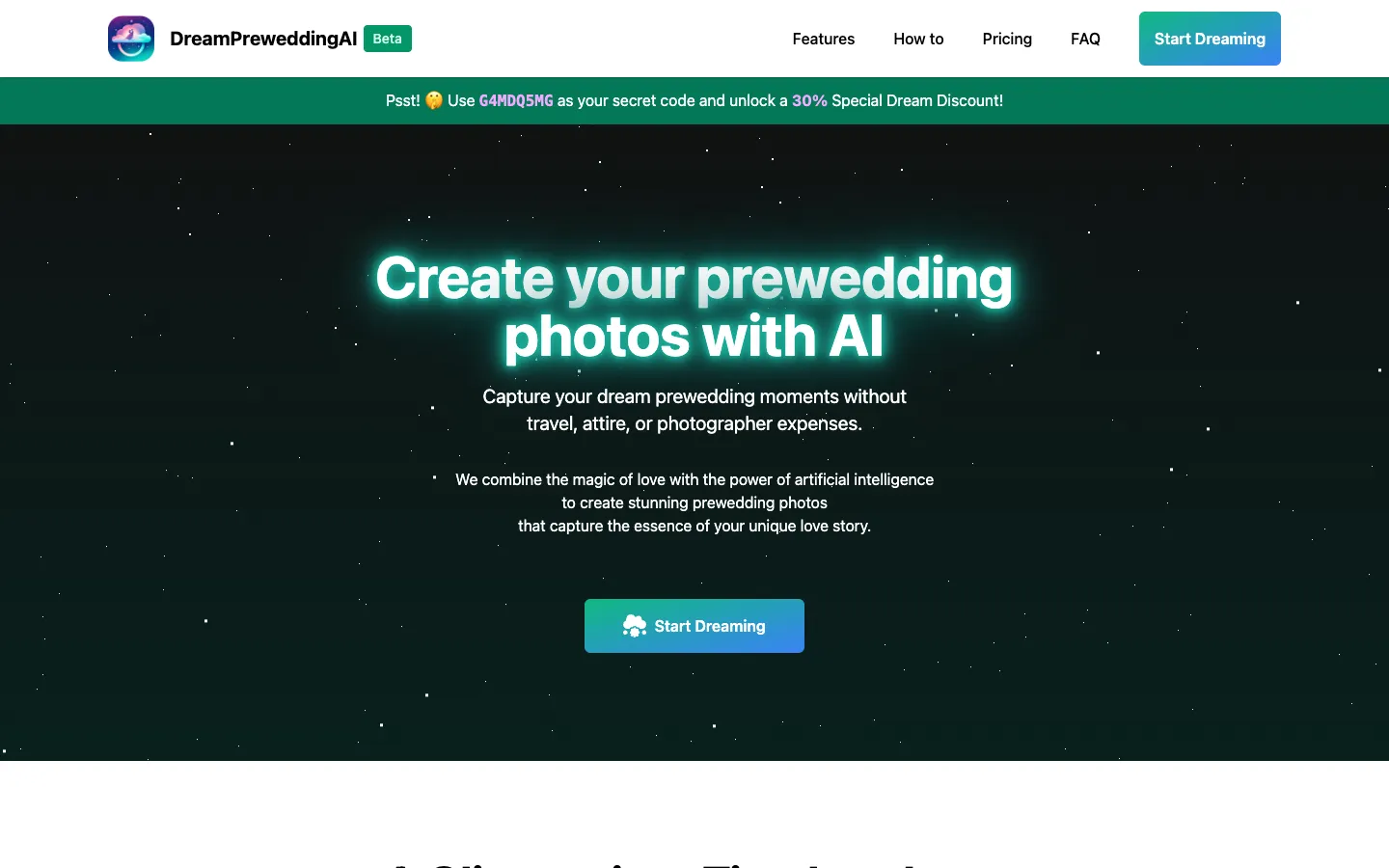 Screenshot of the DreamPreweddingAI homepage