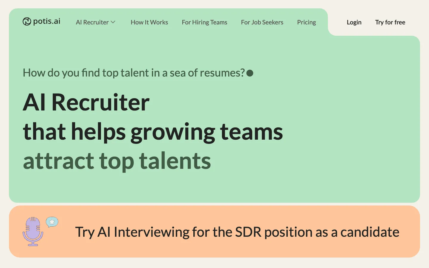 Screenshot of the Potis AI homepage