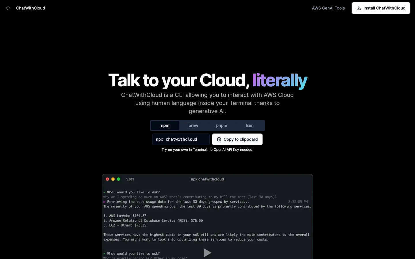 Screenshot of the ChatWithCloud homepage