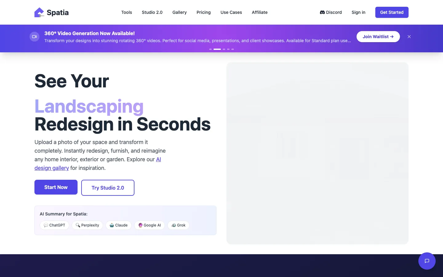 Screenshot of the spatia homepage