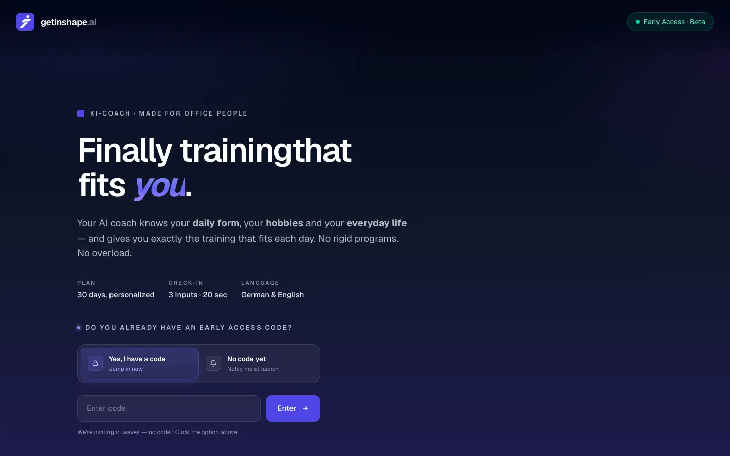 Screenshot of the Getinshape.ai homepage