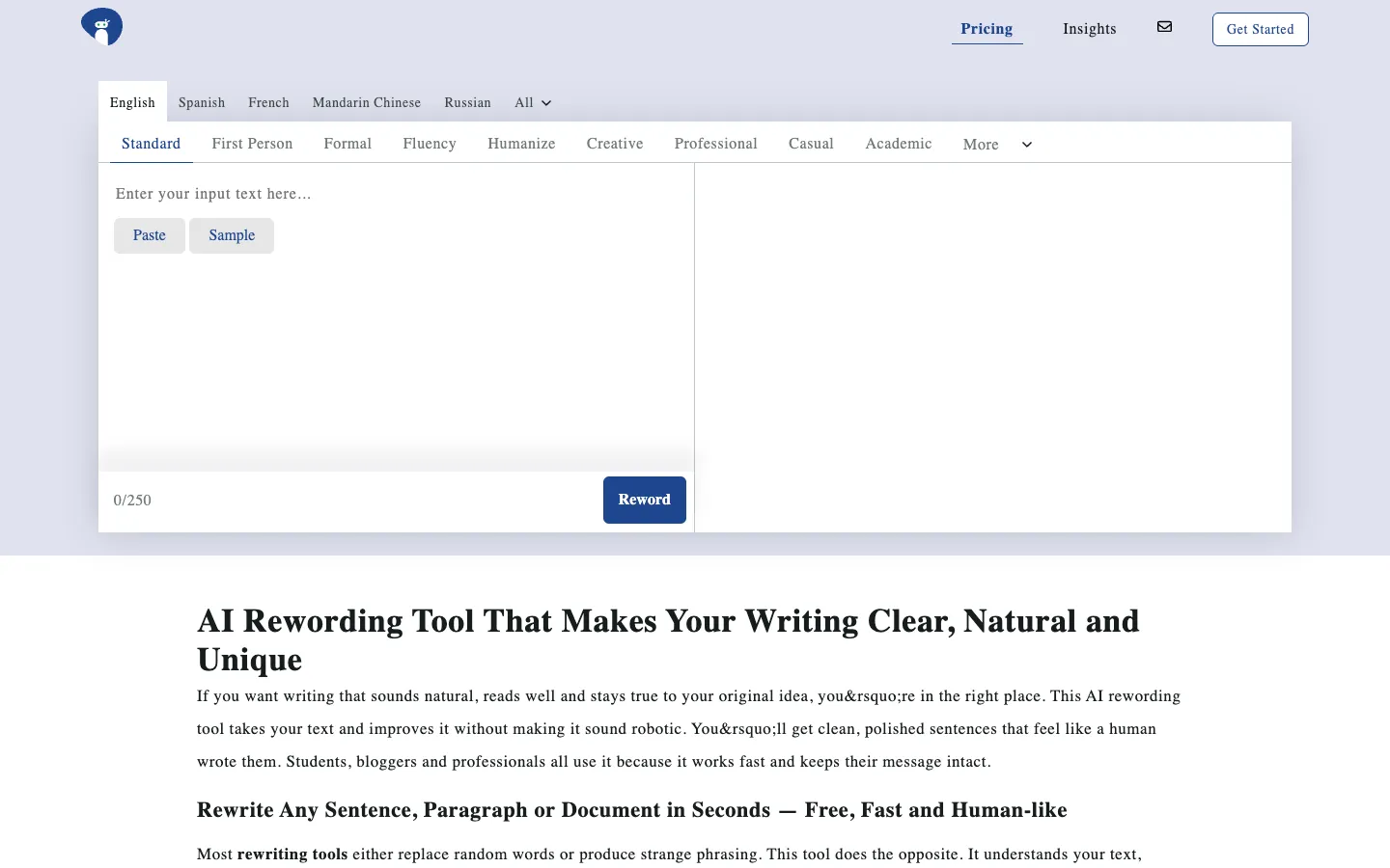 Screenshot of the Rewording Tool homepage