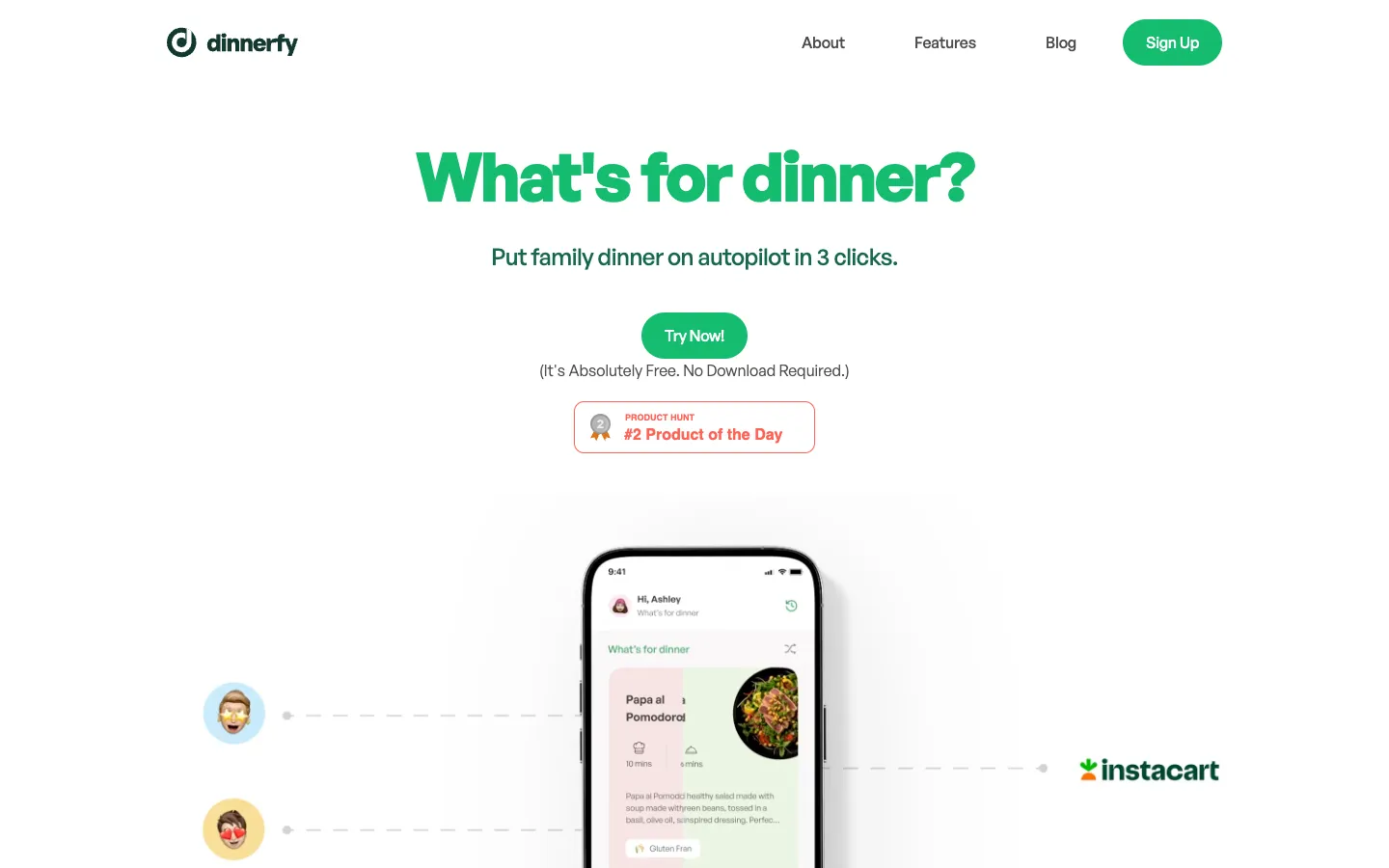 Screenshot of the Dinnerfy homepage