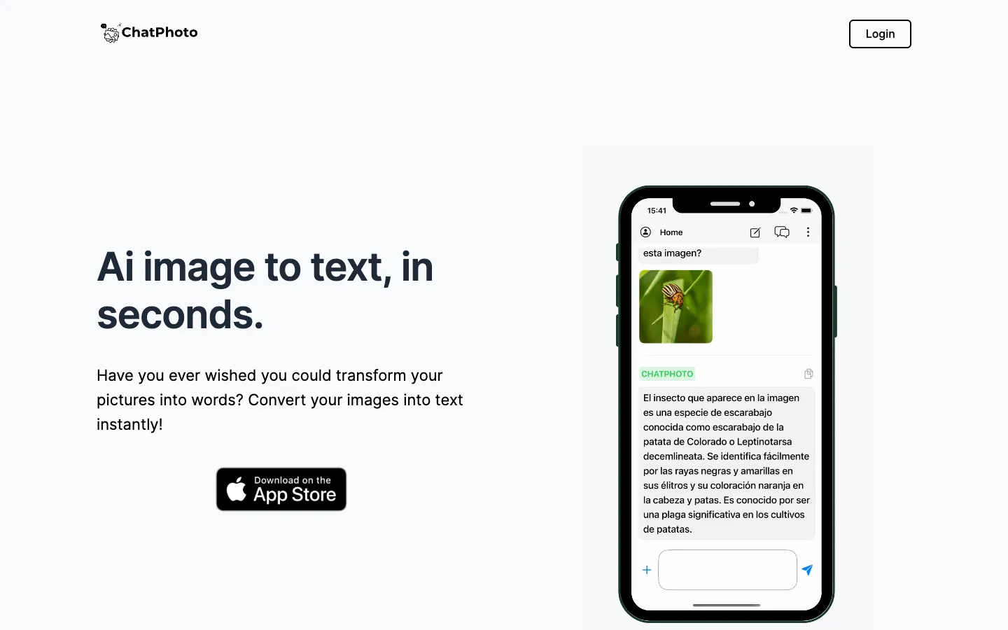 Screenshot of the ChatPhoto: Ai Image To Text homepage