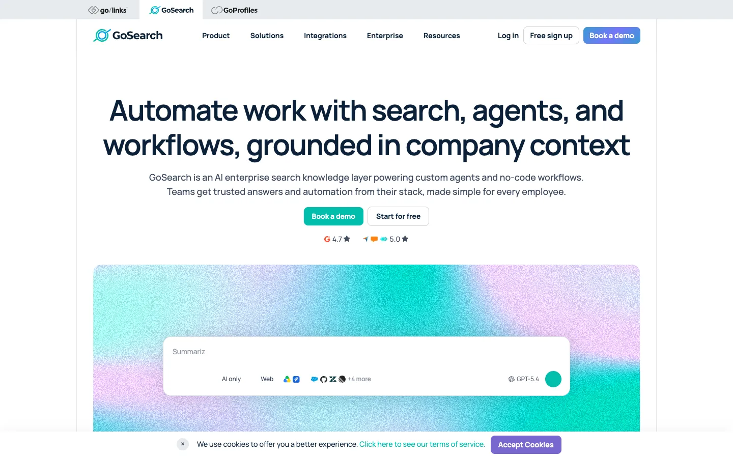Screenshot of the GoSearch homepage