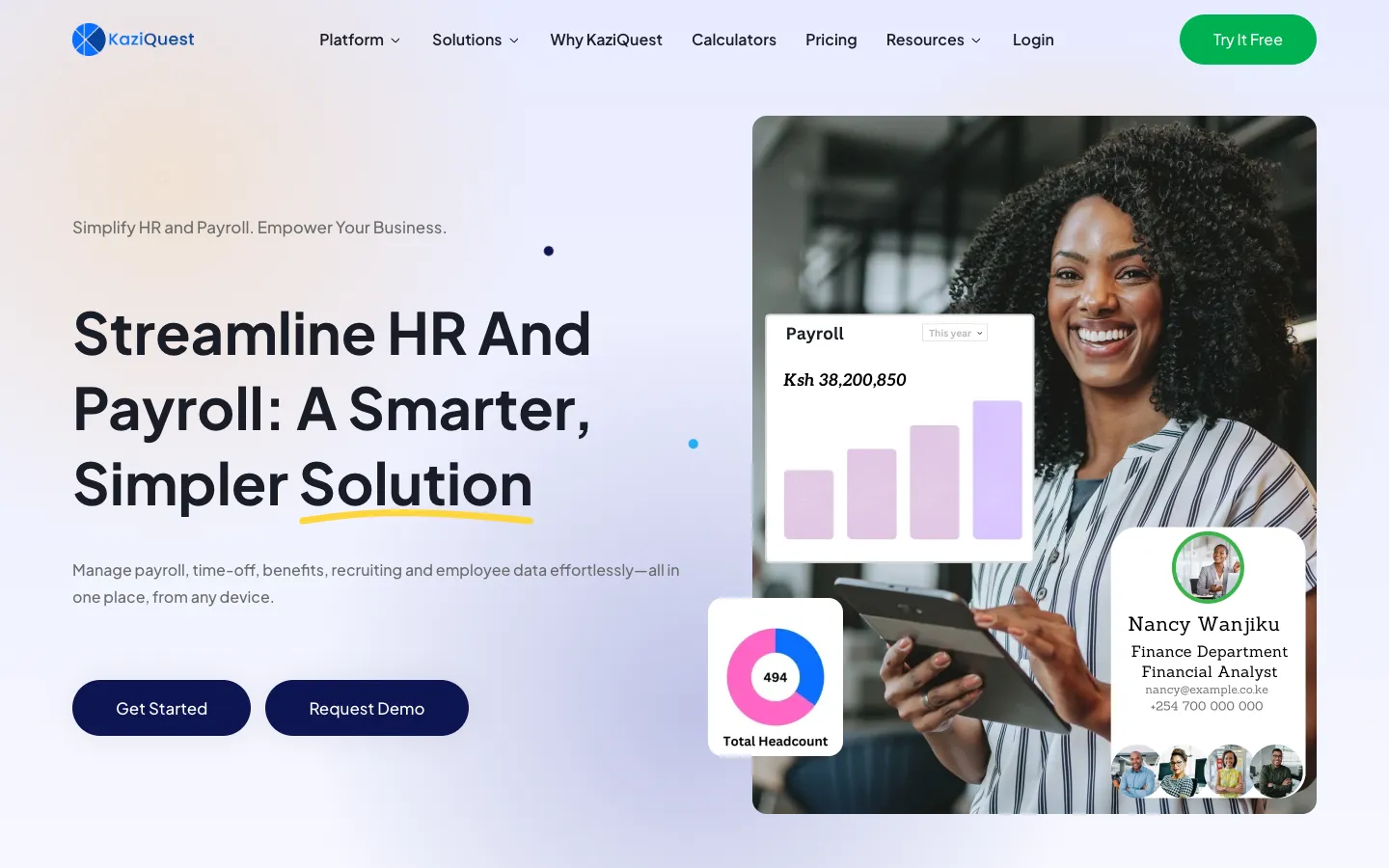 Screenshot of the KaziQuest e-Recruiting Software homepage