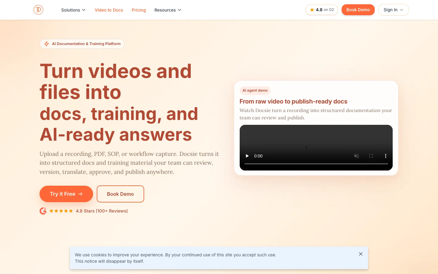 Screenshot of the Docsie 2.0 homepage