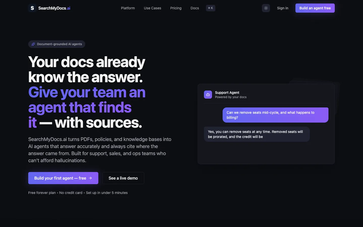 Screenshot of the SearchMyDocs.ai homepage