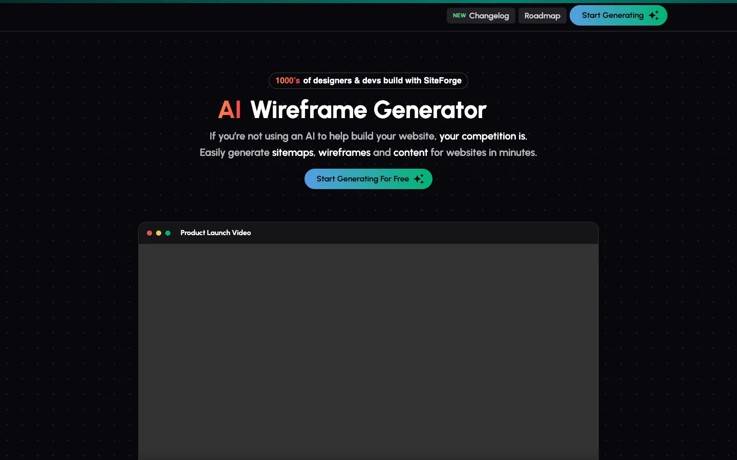 Screenshot of the SiteForge homepage