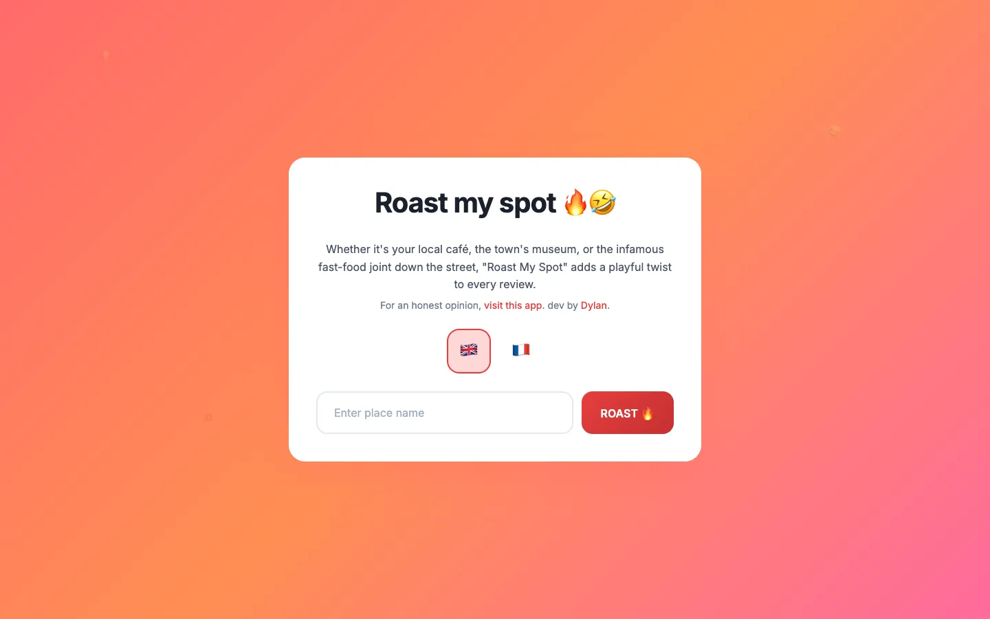 Screenshot of the Roast My Spot homepage