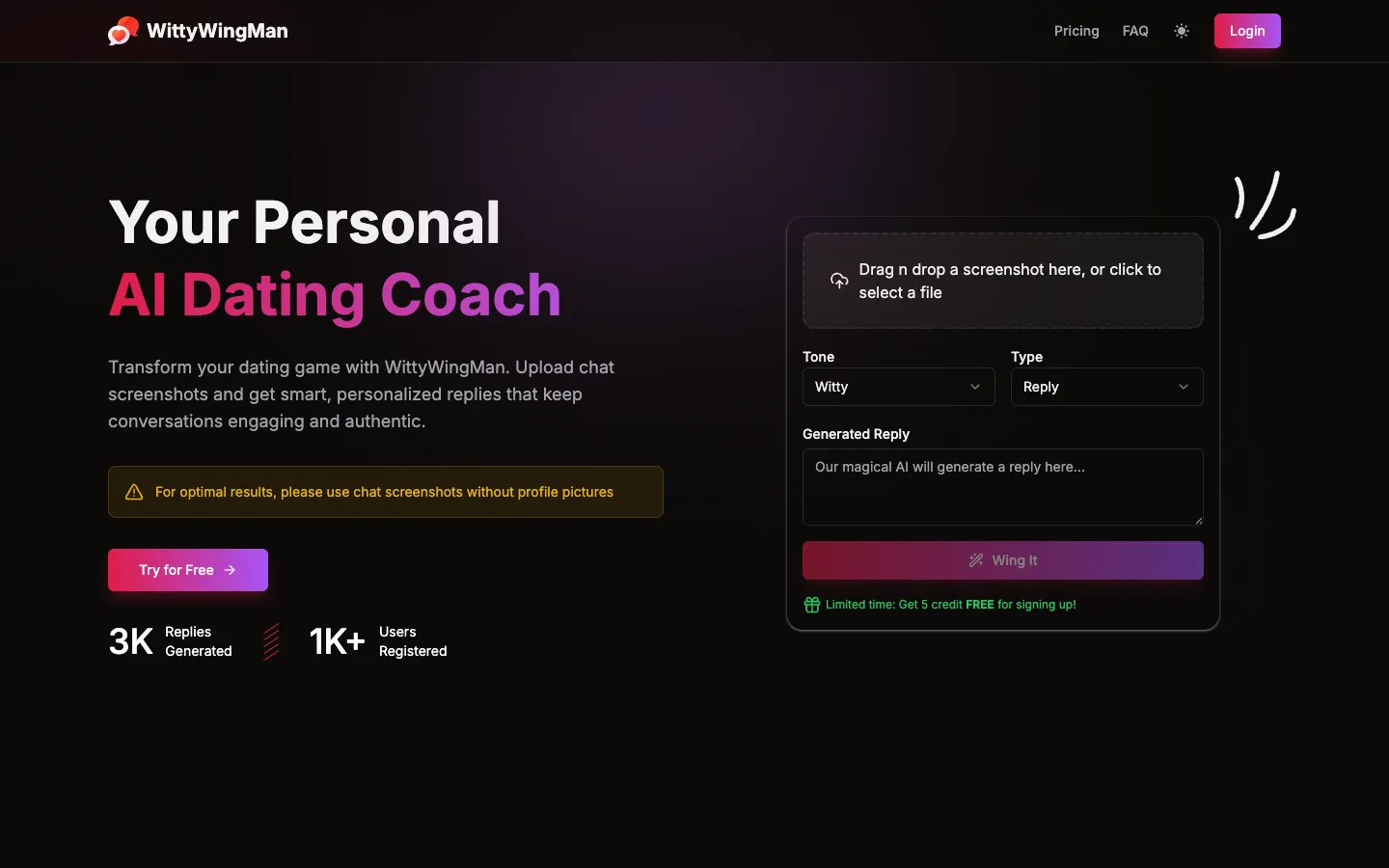 Screenshot of the WittyWingMan homepage