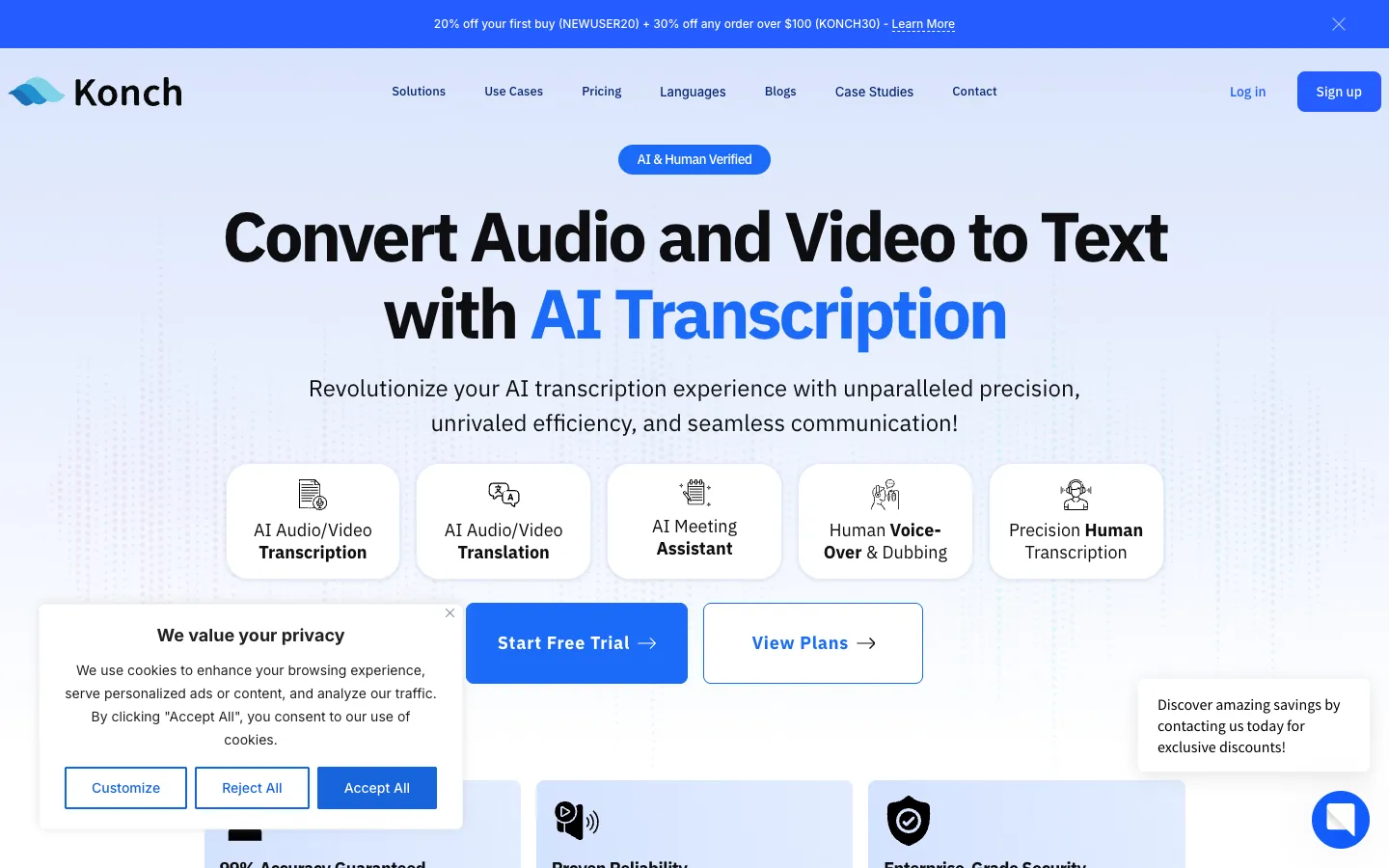 Screenshot of the Konch homepage