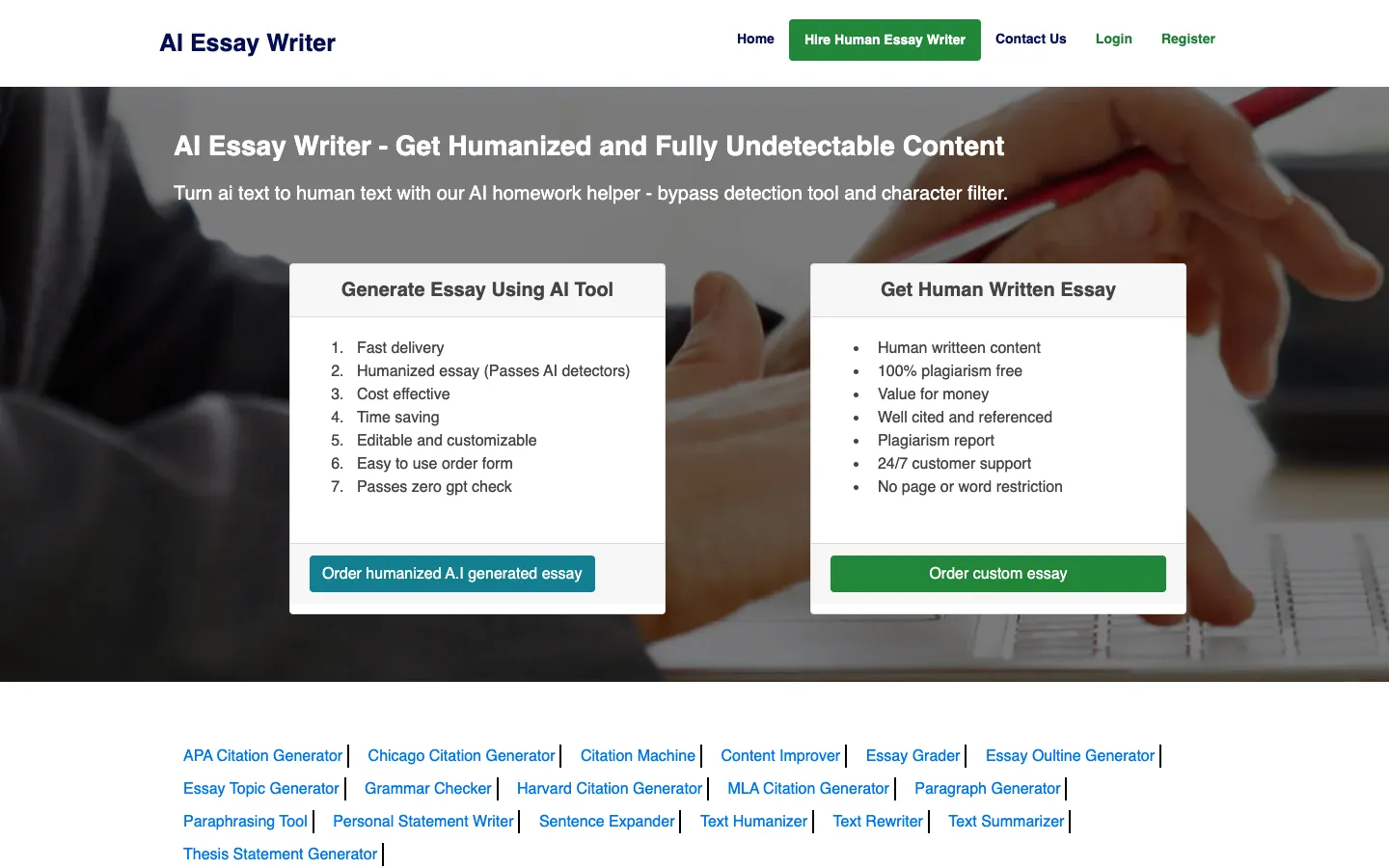 Screenshot of the AI Essay Writer homepage