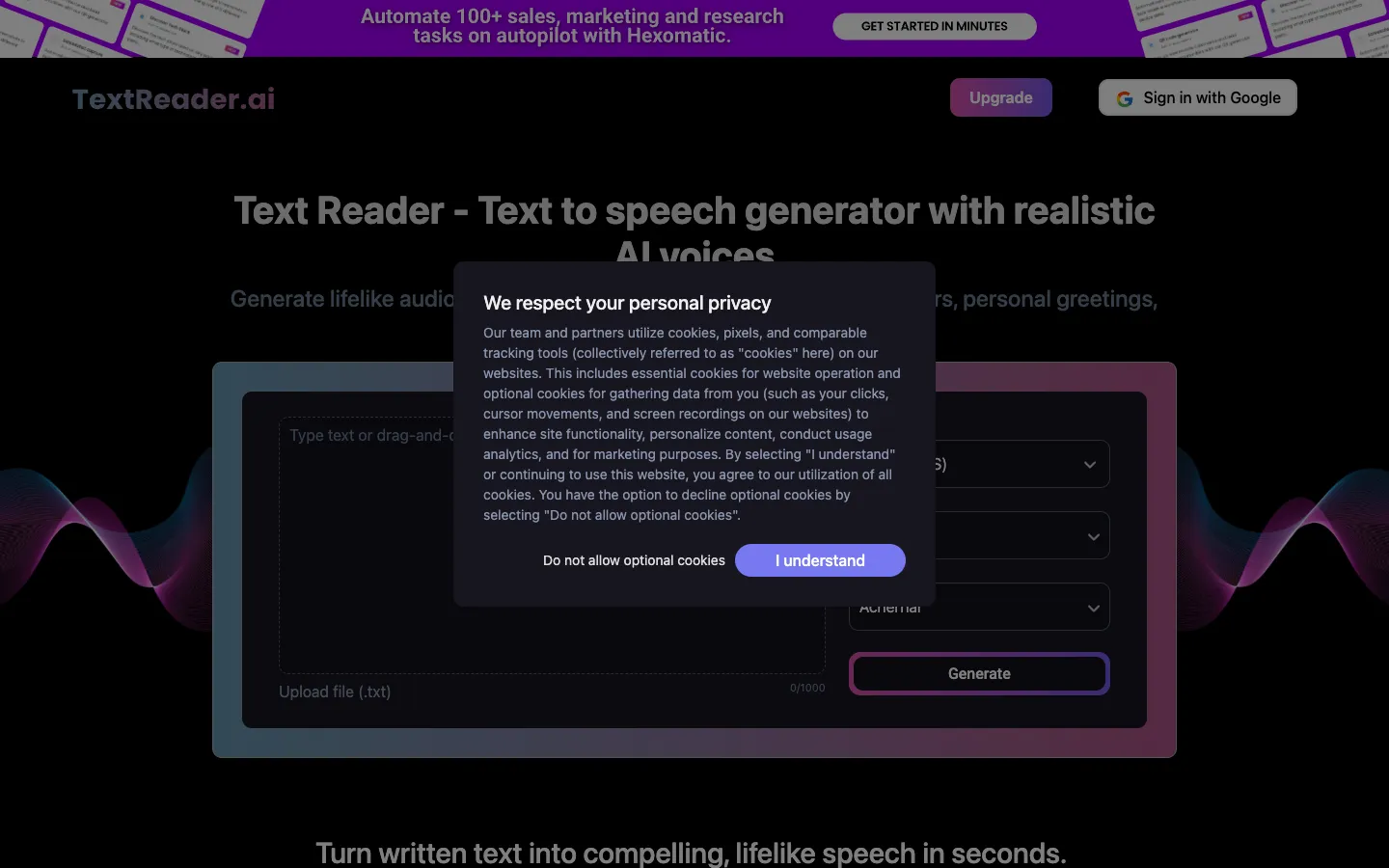 Screenshot of the Text Reader AI homepage
