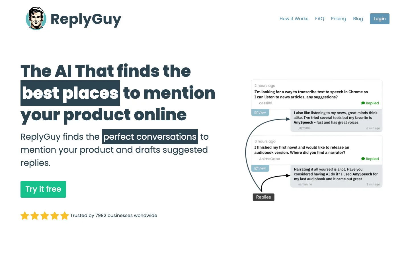 Screenshot of the ReplyGuy homepage