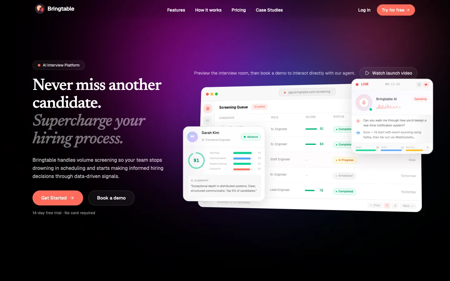 Screenshot of the BringTable homepage