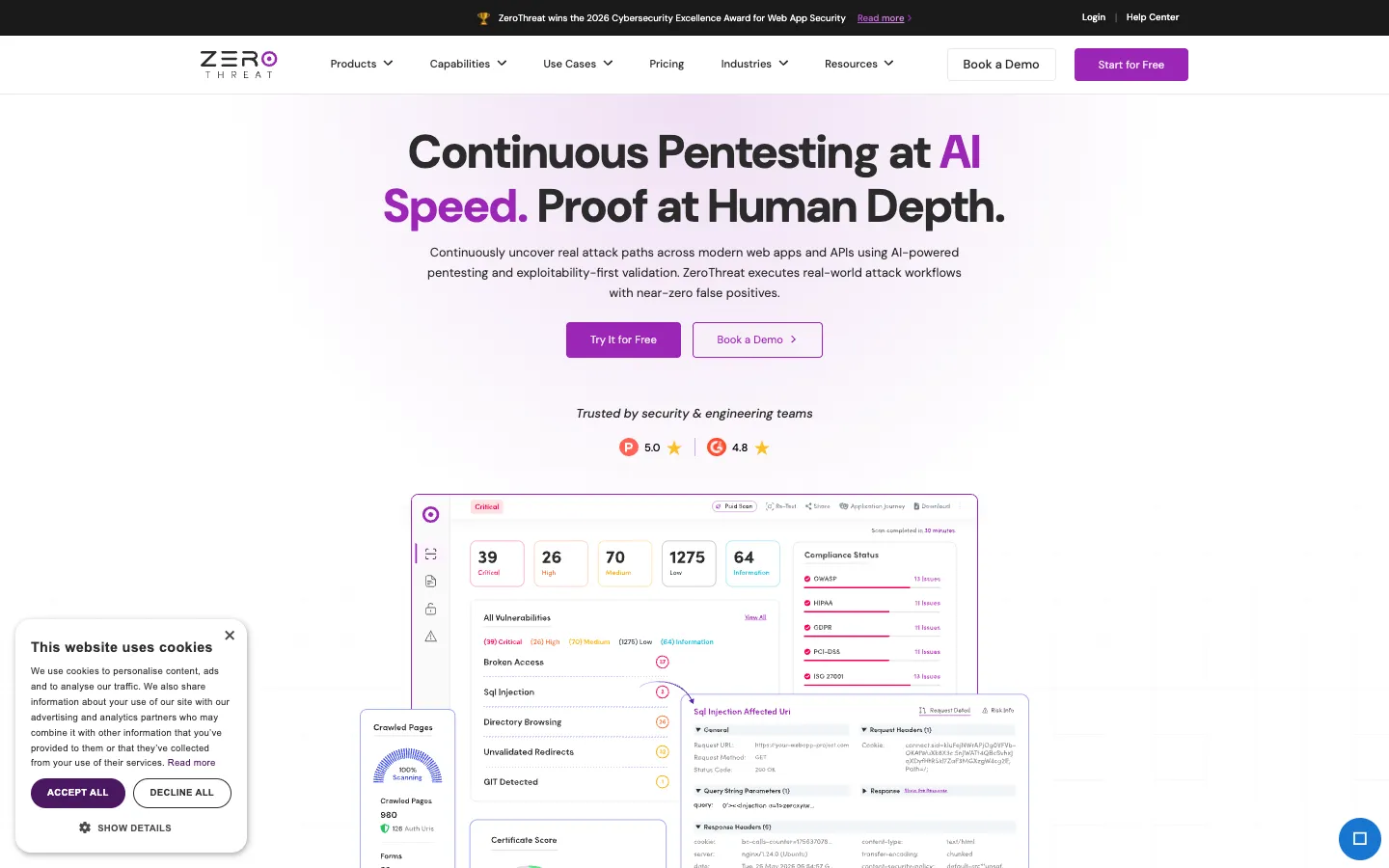Screenshot of the ZeroThreat homepage