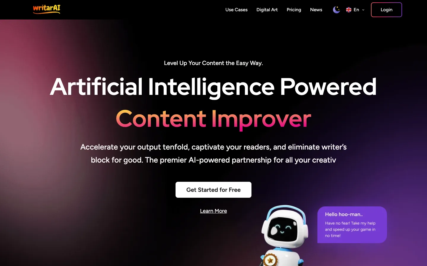 Screenshot of the Writarai homepage