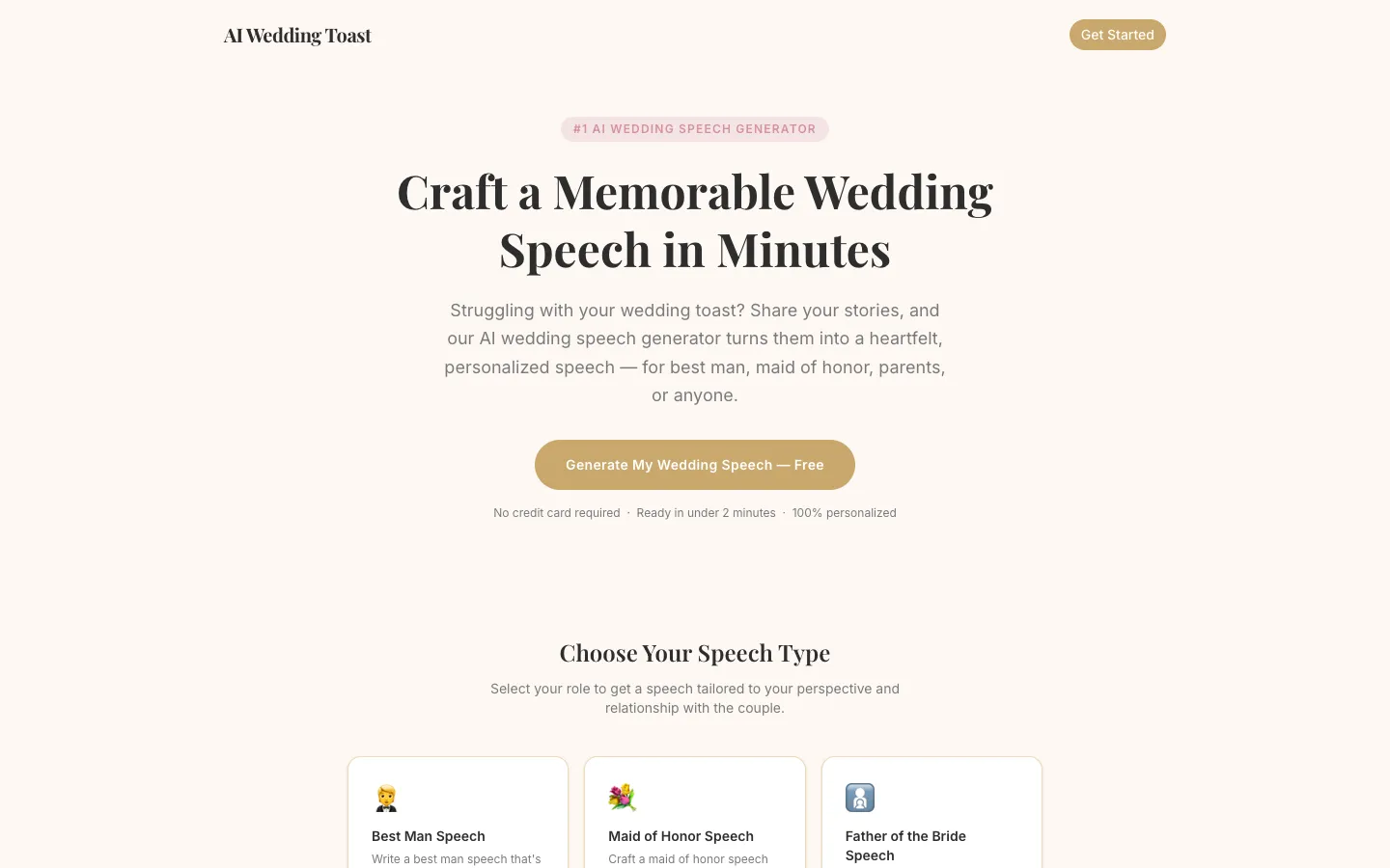Screenshot of the AI Wedding Toast homepage