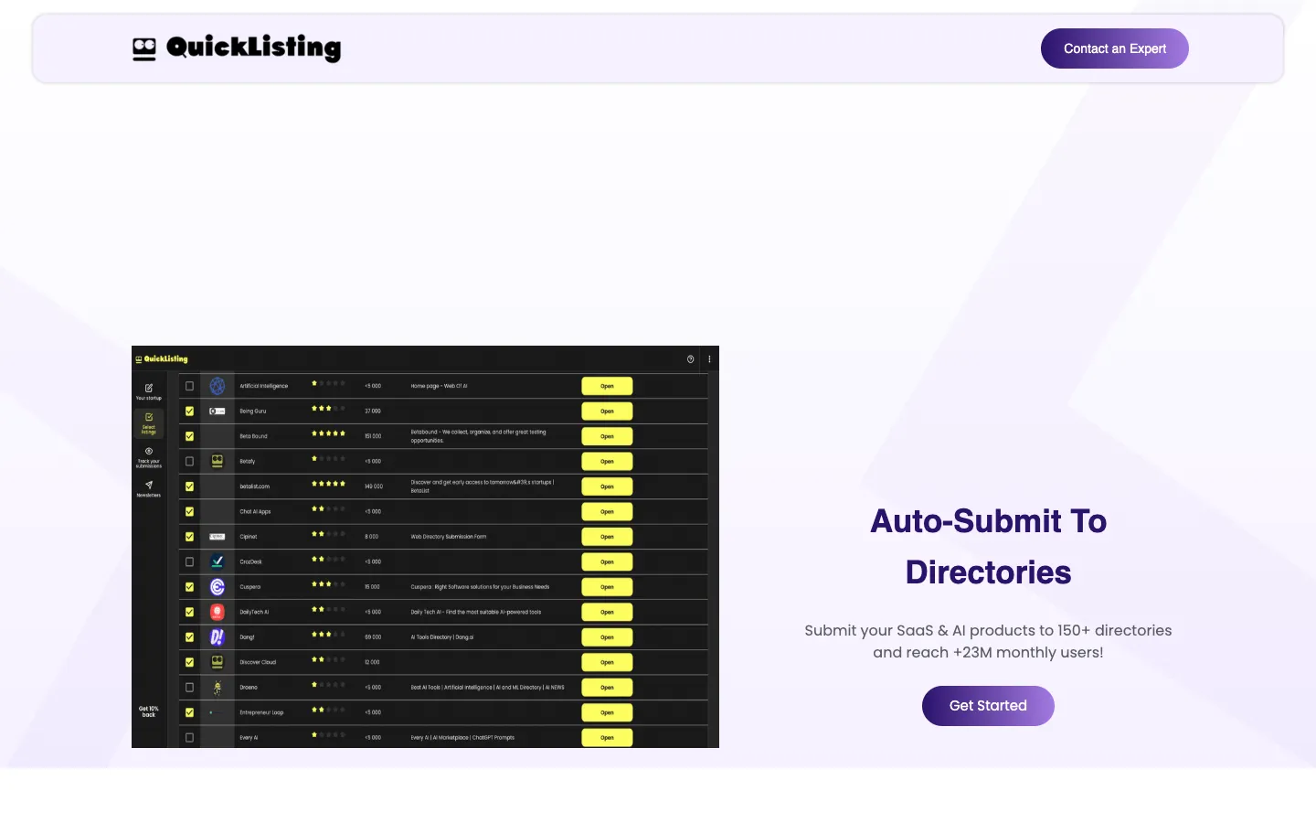 Screenshot of the Quicklisting homepage