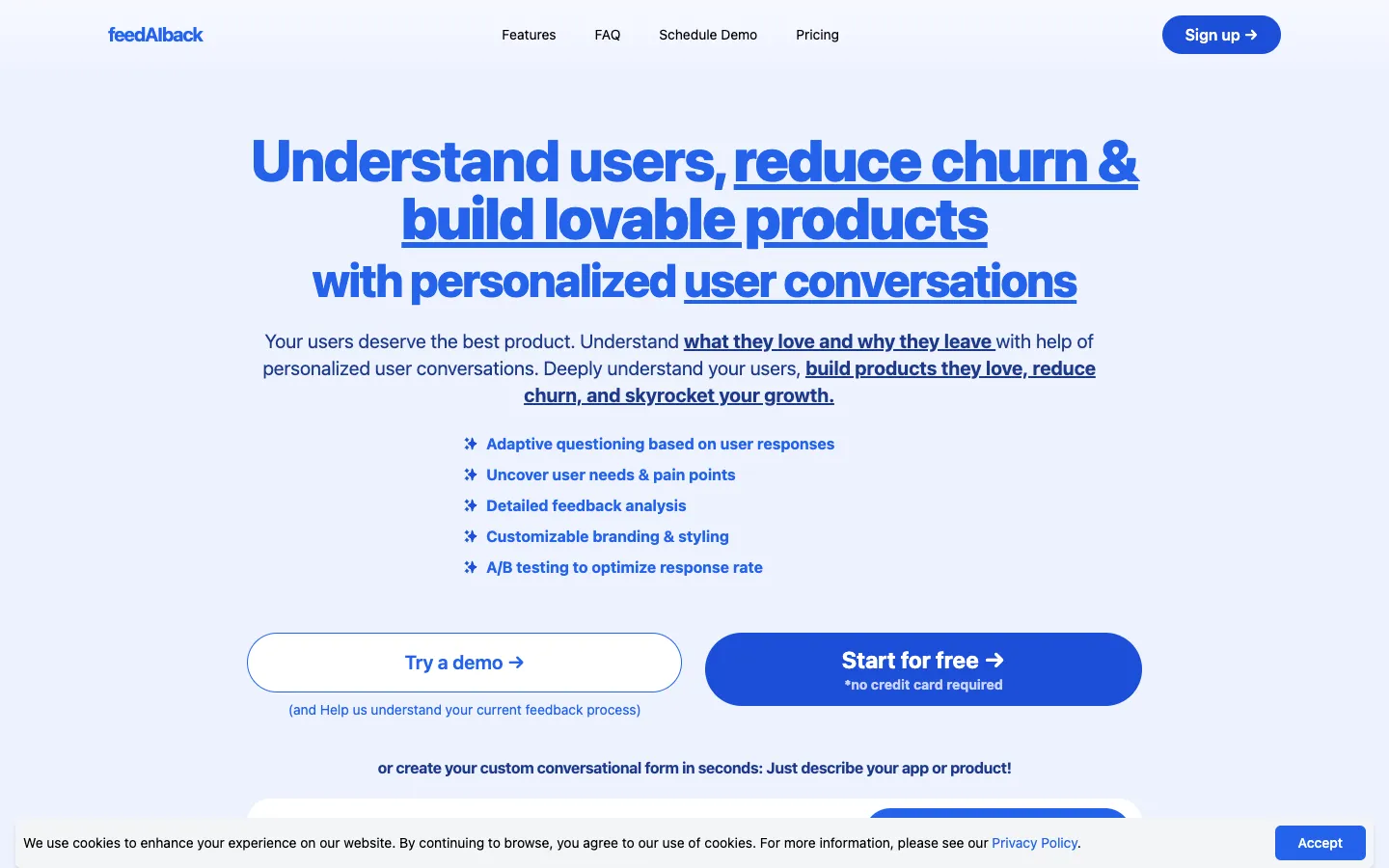 Screenshot of the Feed-ai-back:AI driven customer feedback homepage