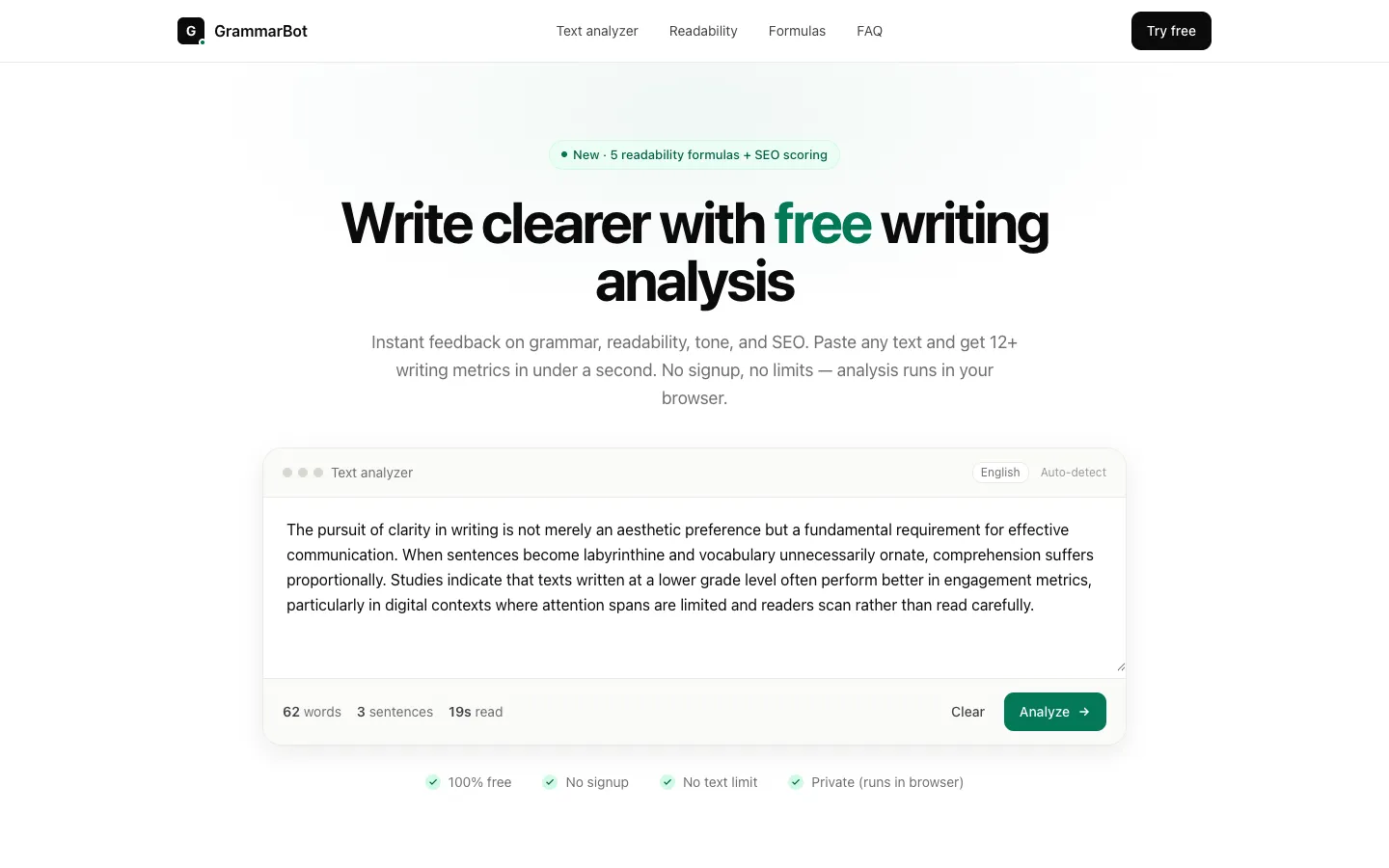 Screenshot of the GrammarBot homepage