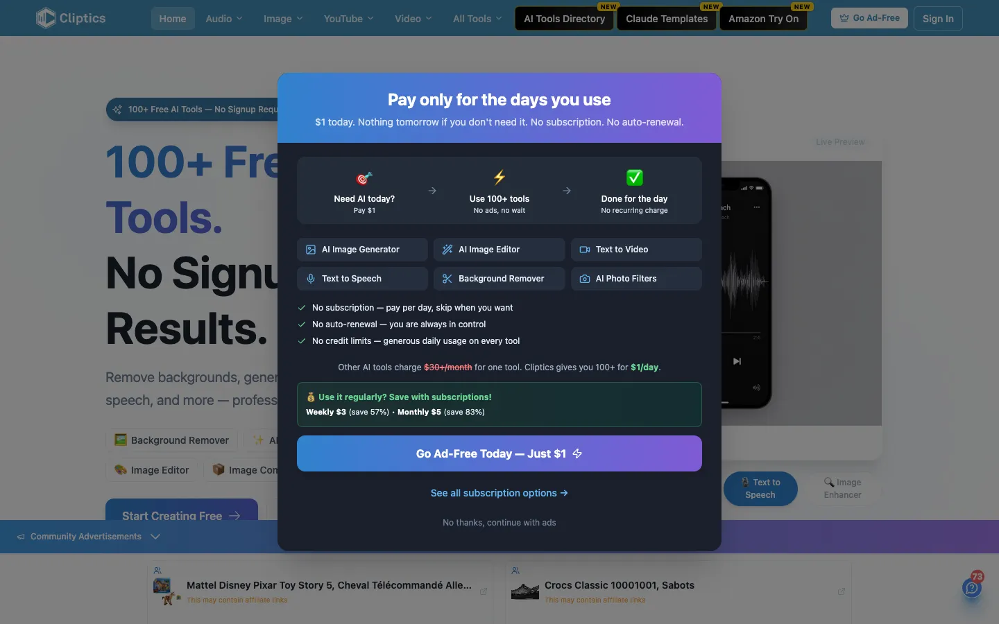 Screenshot of the Cliptics homepage