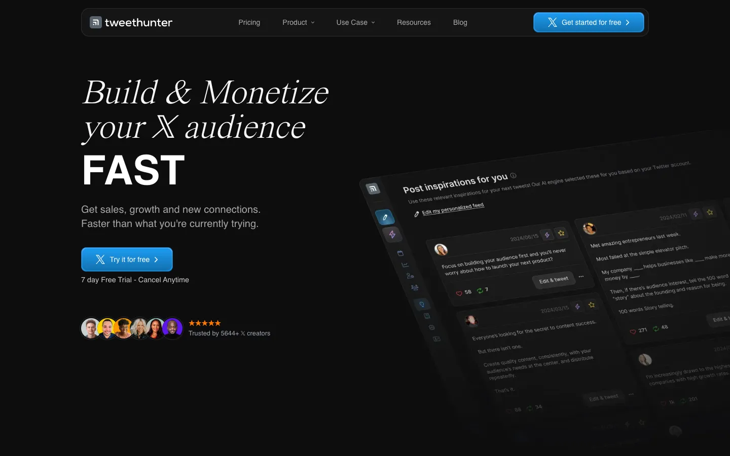 Screenshot of the Tweet Hunter homepage