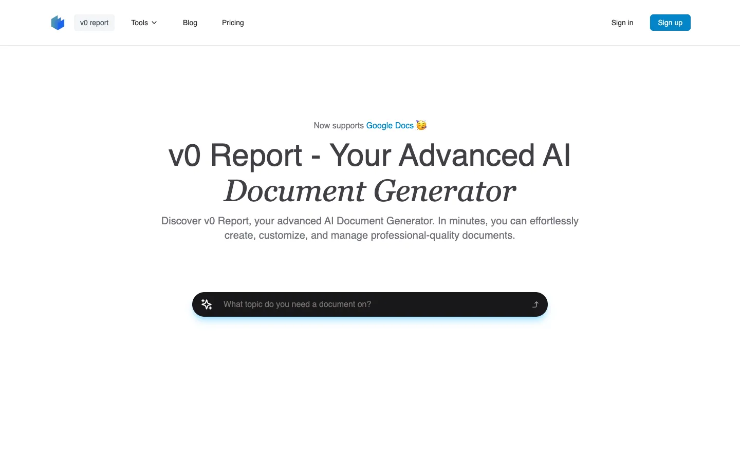 Screenshot of the v0 report homepage