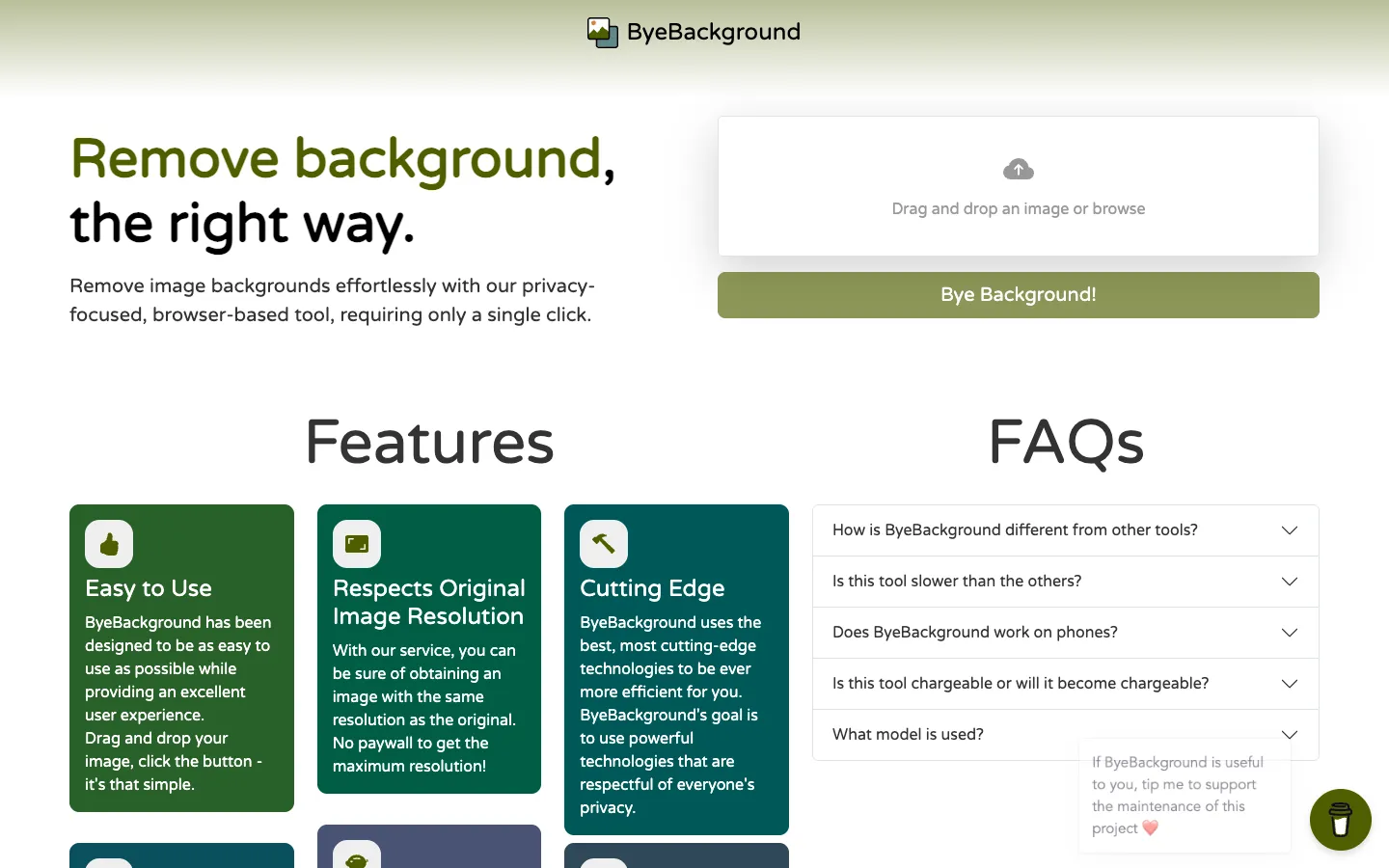 Screenshot of the ByeBackground homepage