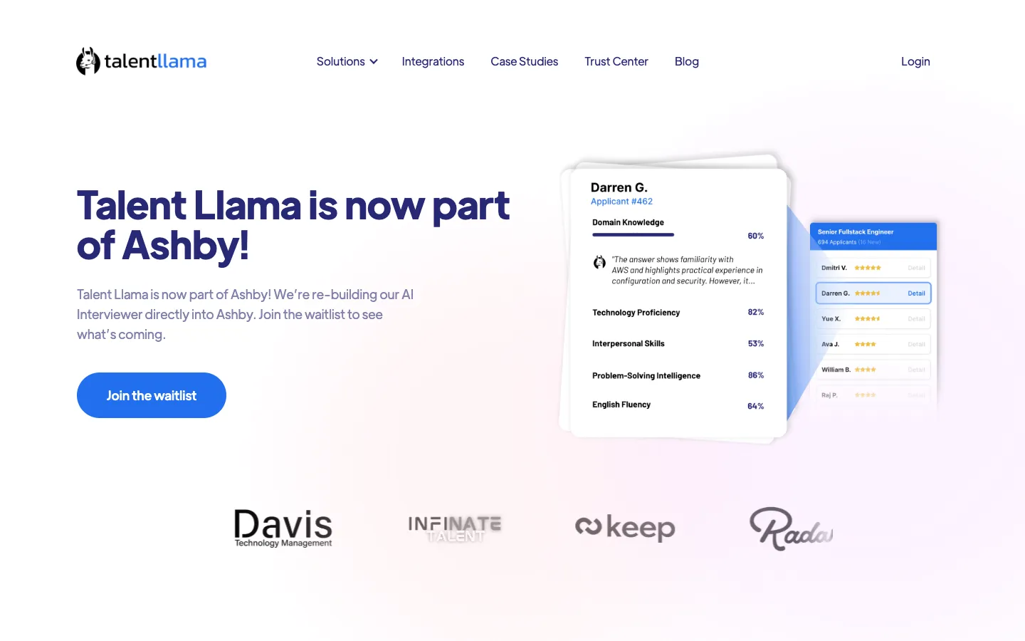 Screenshot of the Talent Llama homepage