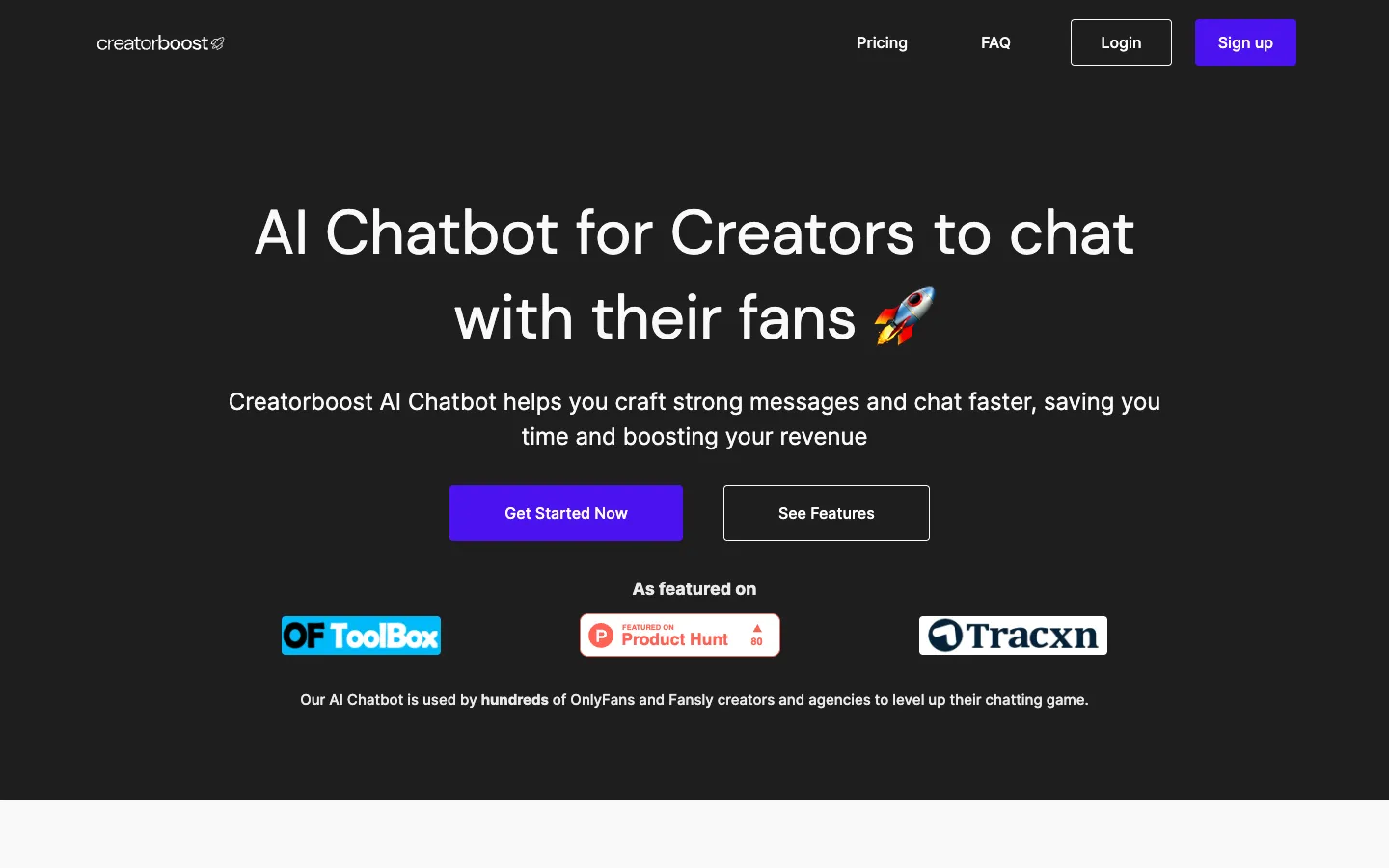 Screenshot of the Creatorboost homepage
