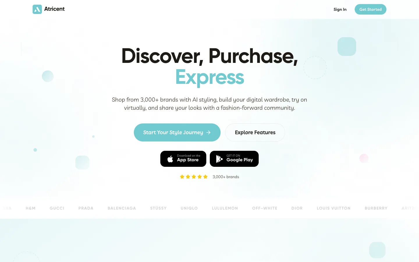 Screenshot of the Atricent: The Personal Social AI-Stylist homepage