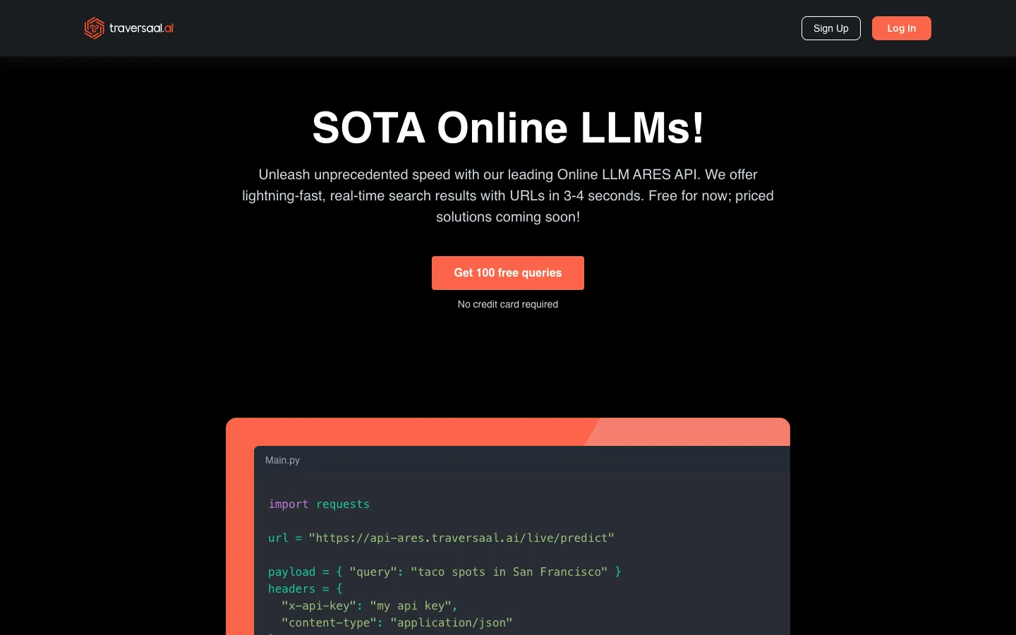 Screenshot of the Ares homepage