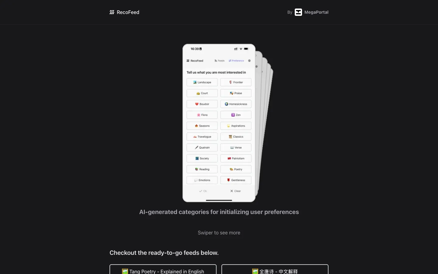 Screenshot of the RecoFeed homepage