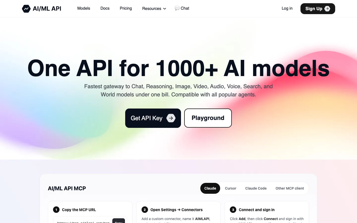 Screenshot of the AI/ML API homepage