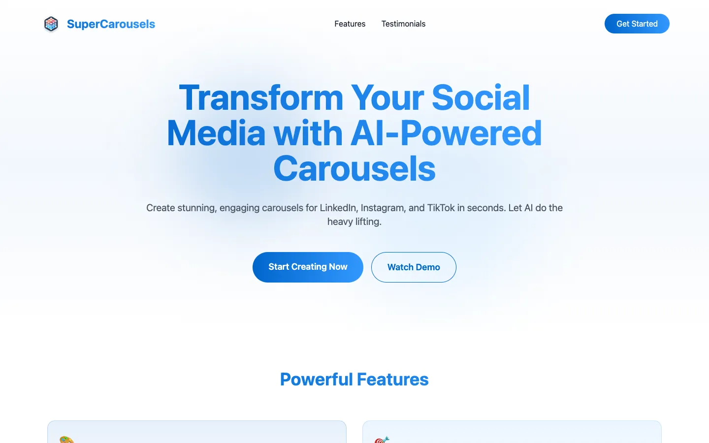 Screenshot of the Super Carousels homepage