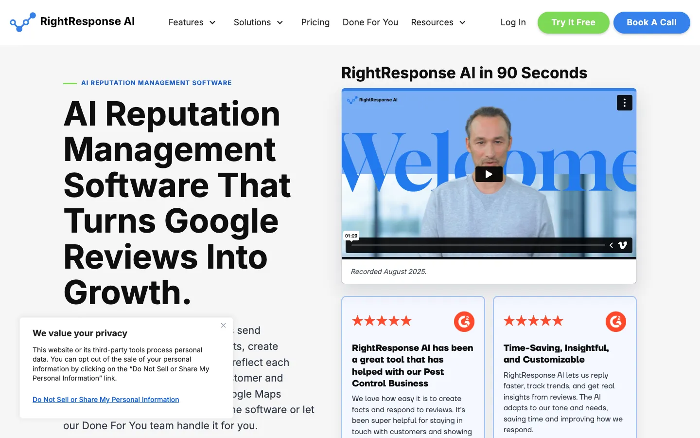Screenshot of the RightResponse AI homepage
