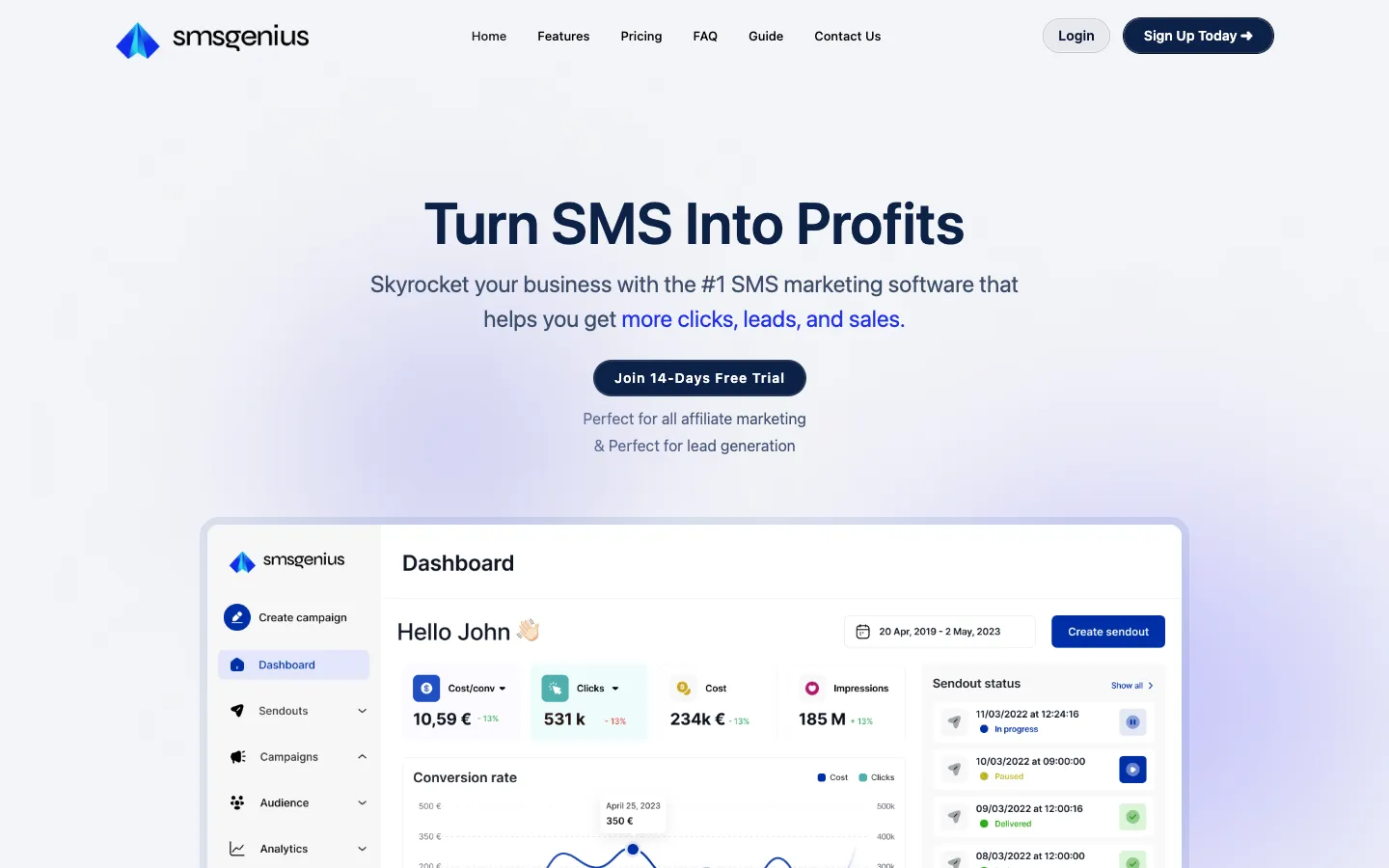 Screenshot of the SMSGenius homepage