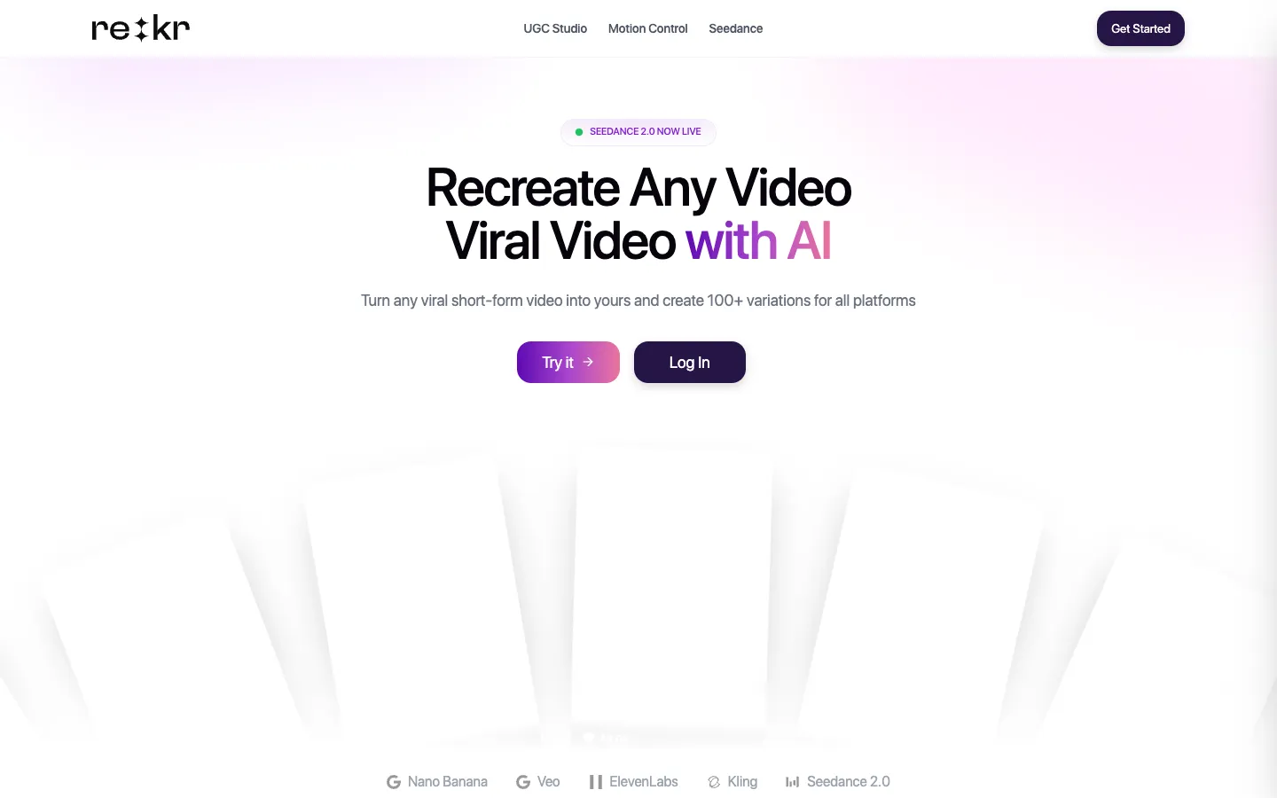 Screenshot of the RE:Create Video homepage