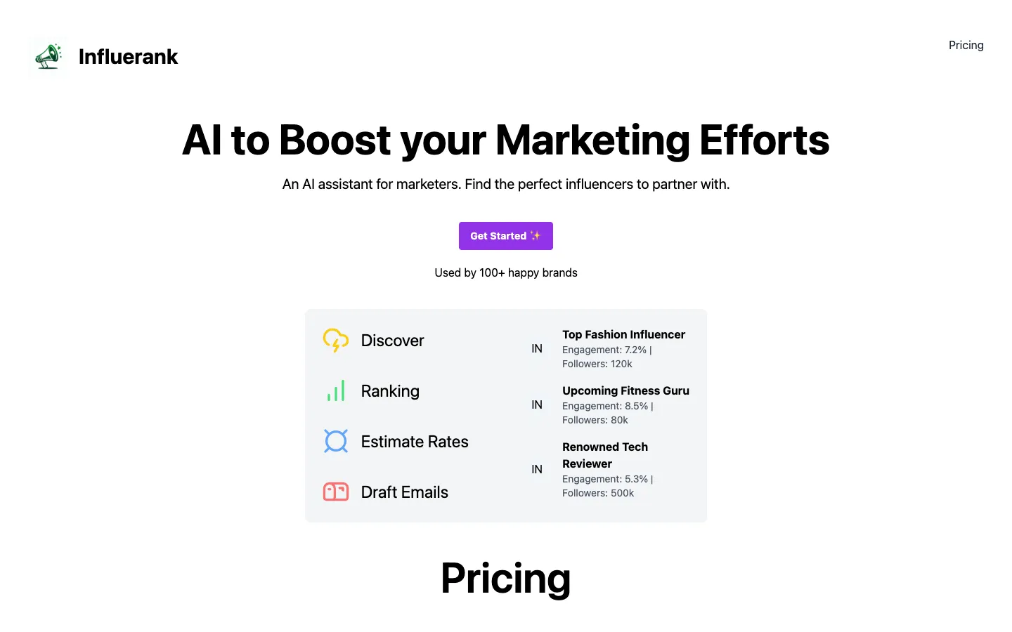 Screenshot of the Influerank homepage