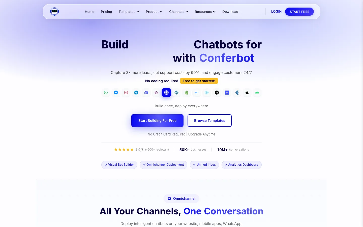 Screenshot of the Conferbot homepage