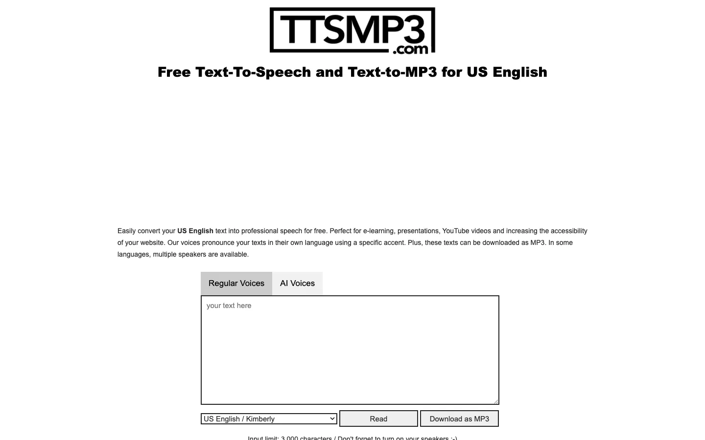Screenshot of the ttsMP3.com homepage