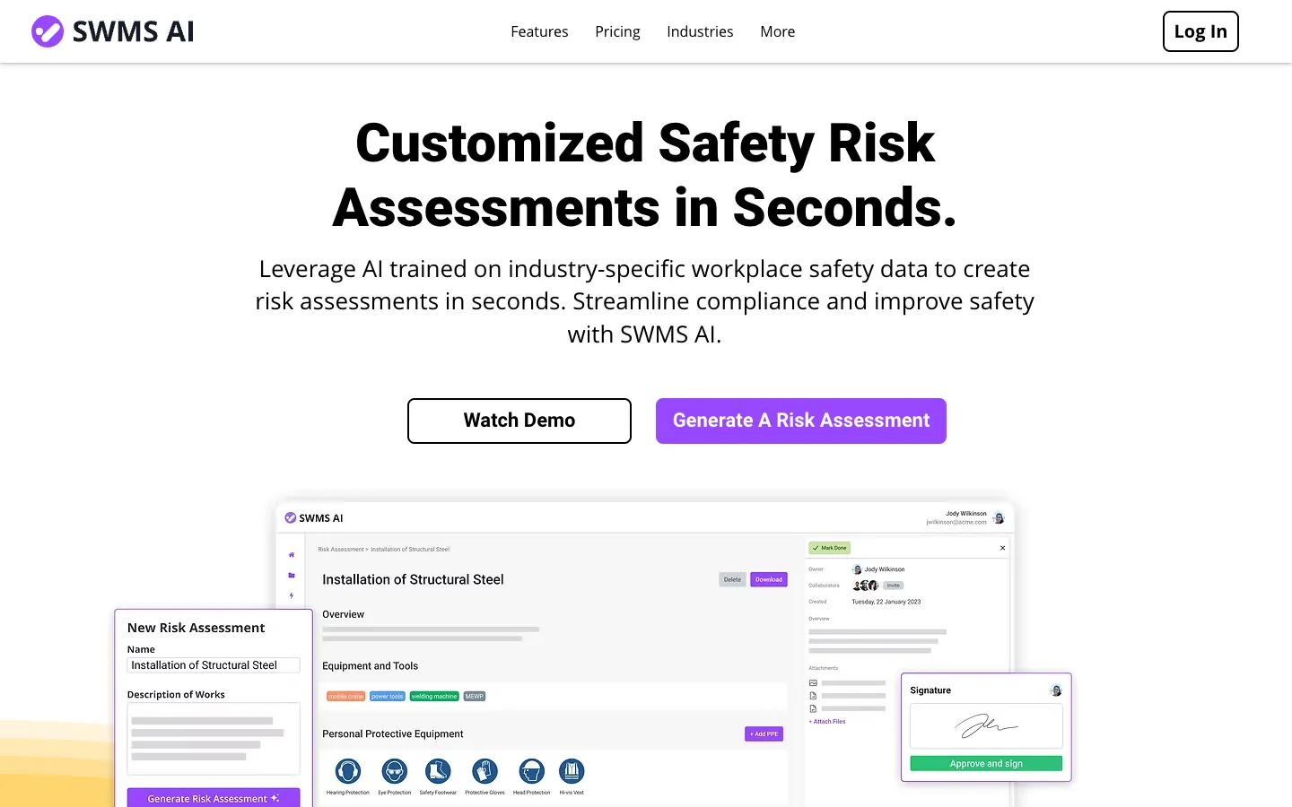 Screenshot of the SWMS AI homepage