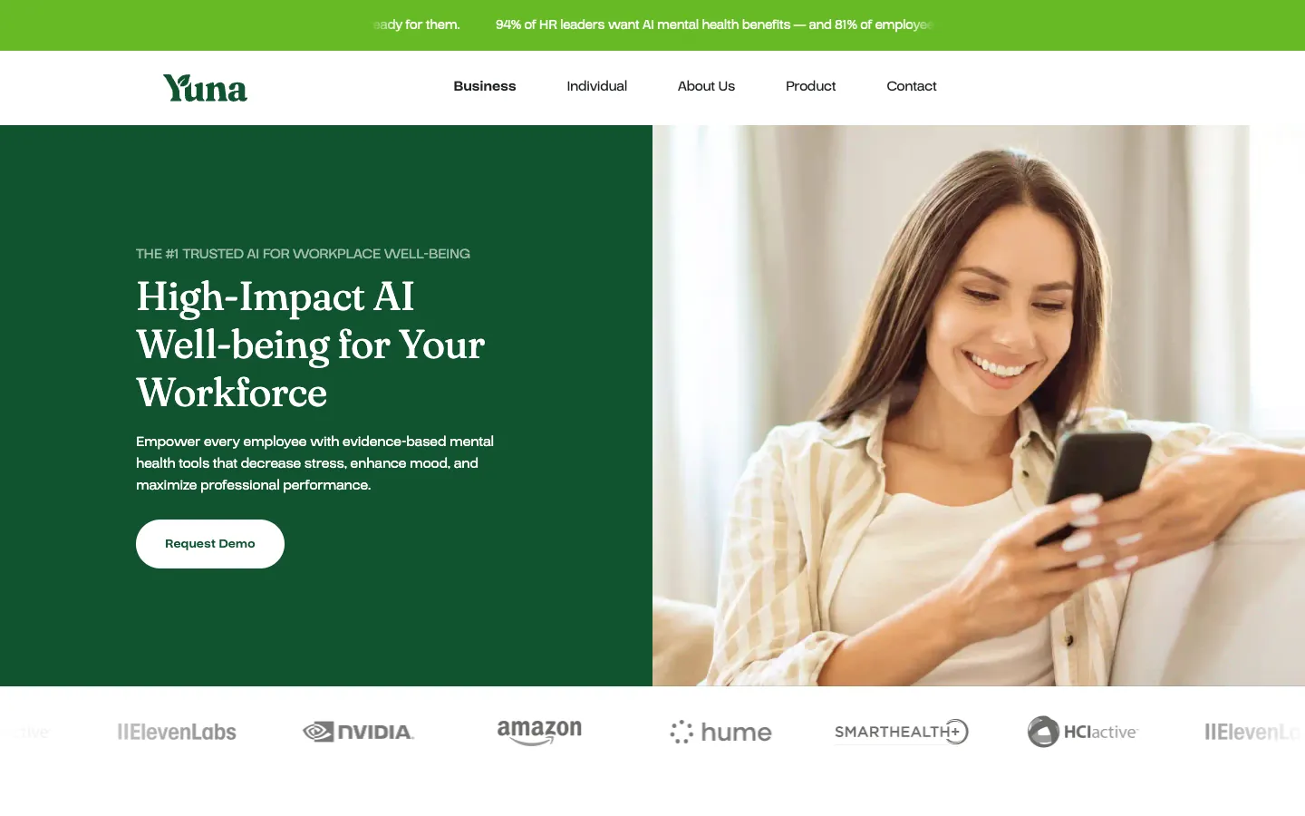 Screenshot of the Yuna AI — Your Mental Health Companion homepage
